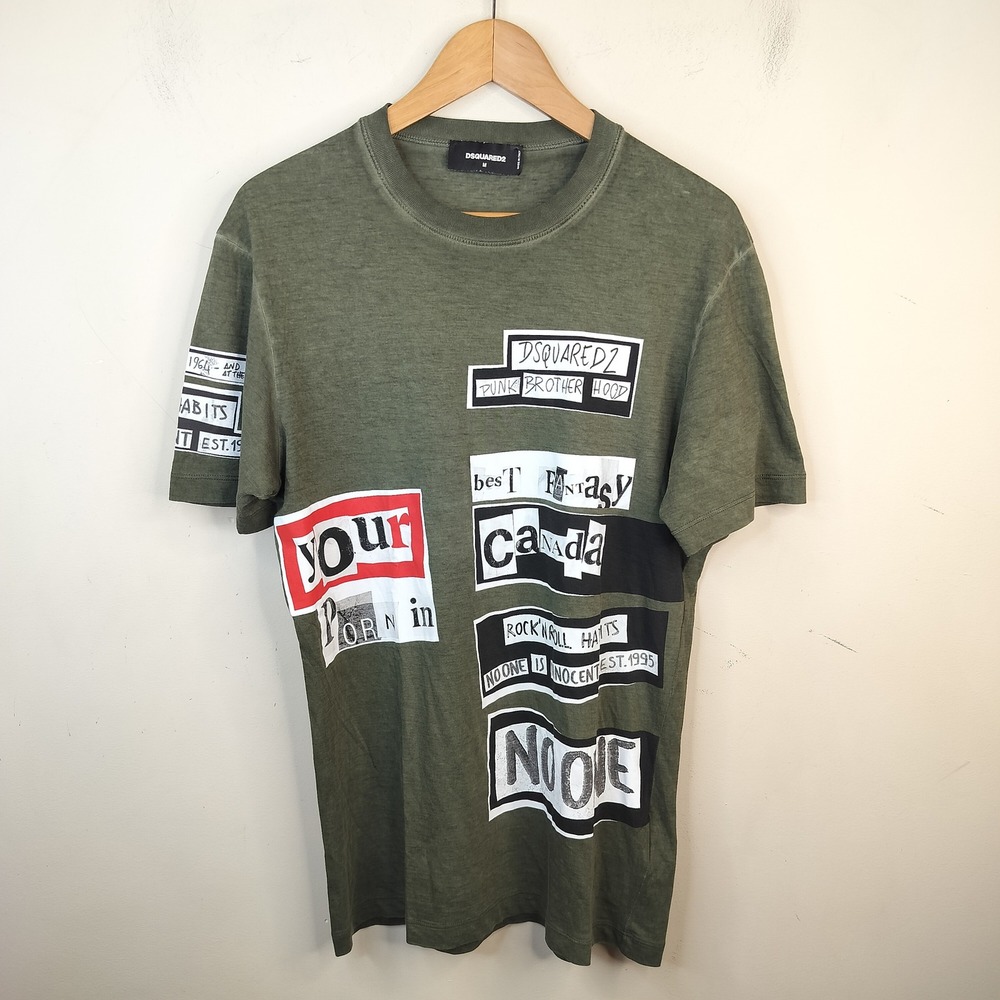 DSQUARED2 Mens Patched Graphic T-Shirt Medium Punk Rock Ransom Note Green